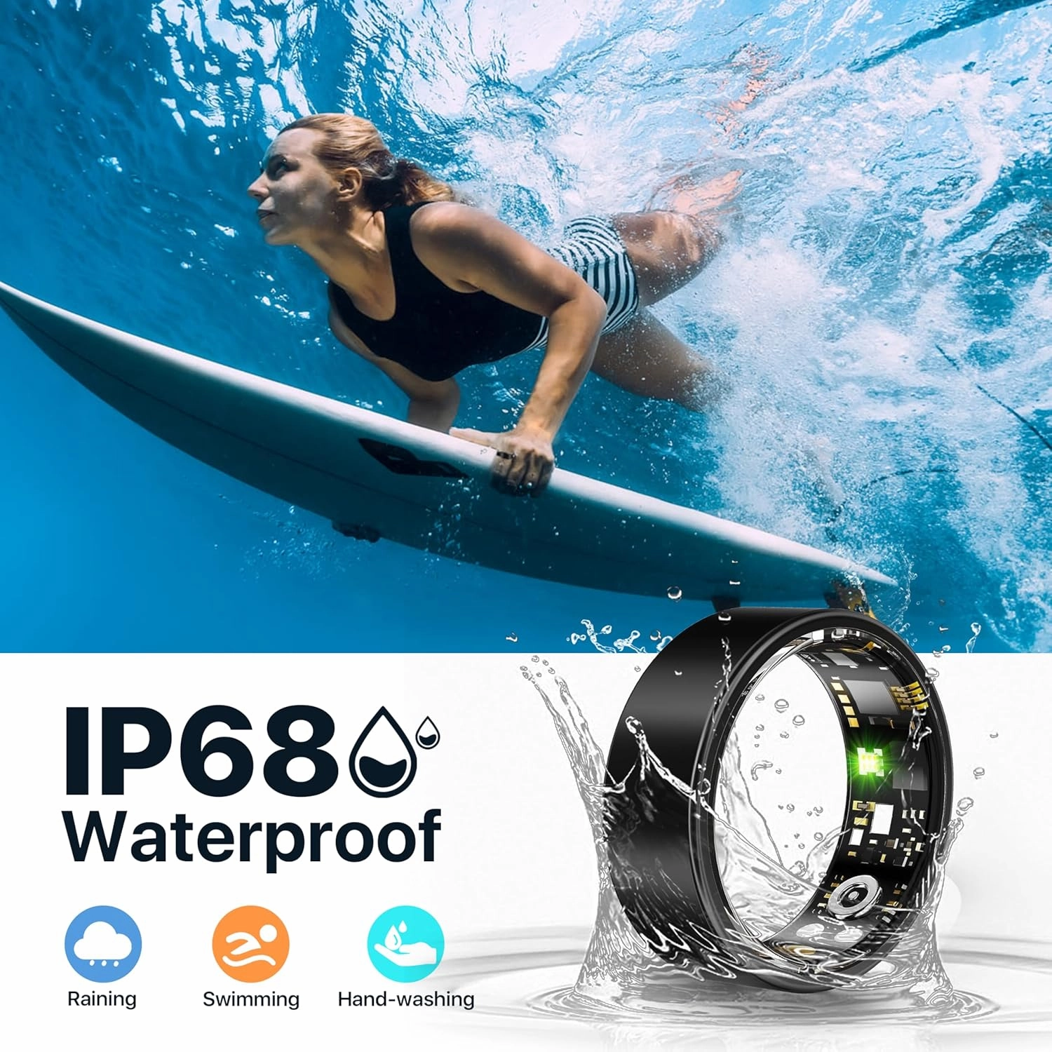 Fitness Tracker, Smart Rings Health Heart Rate Ring with Blood Oxygen, Blood Pressure, Sleep Tracker, Step Tracker, No Subscription Fee, Gesture Control, IP68 Waterproof Health Fitness Ring
