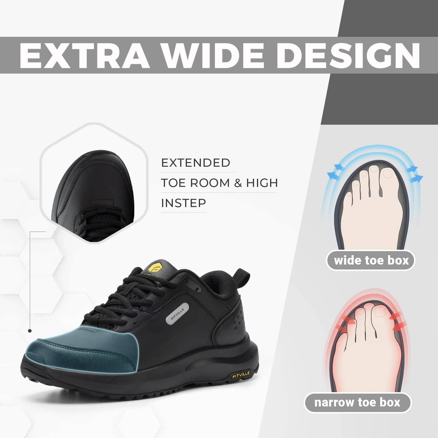 FitVille Men's Extra Wide Hiking Shoes Outdoor Walking Shoes Low-top Waterproof Work Shoes Soft Toe with Arch Support for Heel Pain Relief - Rugged Core