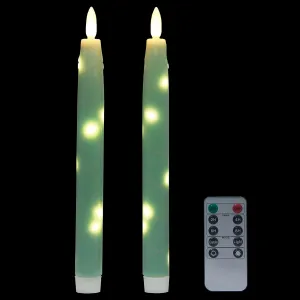 Flameless Flickering Taper Candles Battery Operated with Embedded String Lights, wtih Timer and Remote, LED Real Wax Tapered Dinner Candle Set of 2 (Green)