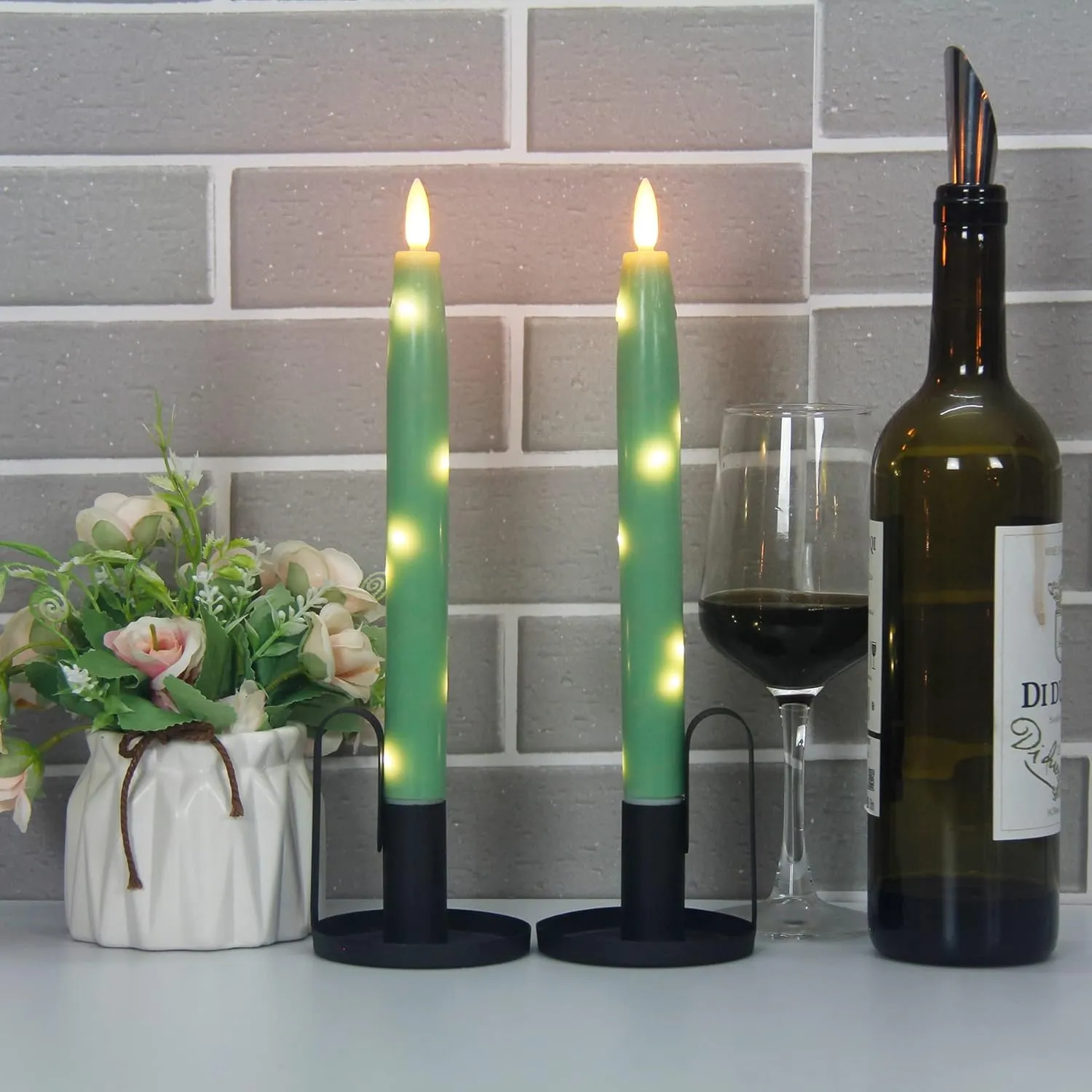 Flameless Flickering Taper Candles Battery Operated with Embedded String Lights, wtih Timer and Remote, LED Real Wax Tapered Dinner Candle Set of 2 (Green)