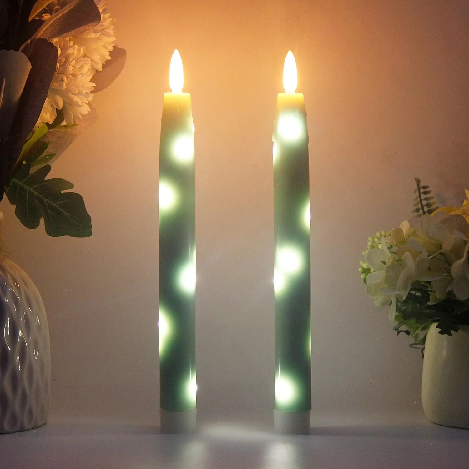 Flameless Flickering Taper Candles Battery Operated with Embedded String Lights, wtih Timer and Remote, LED Real Wax Tapered Dinner Candle Set of 2 (Green)