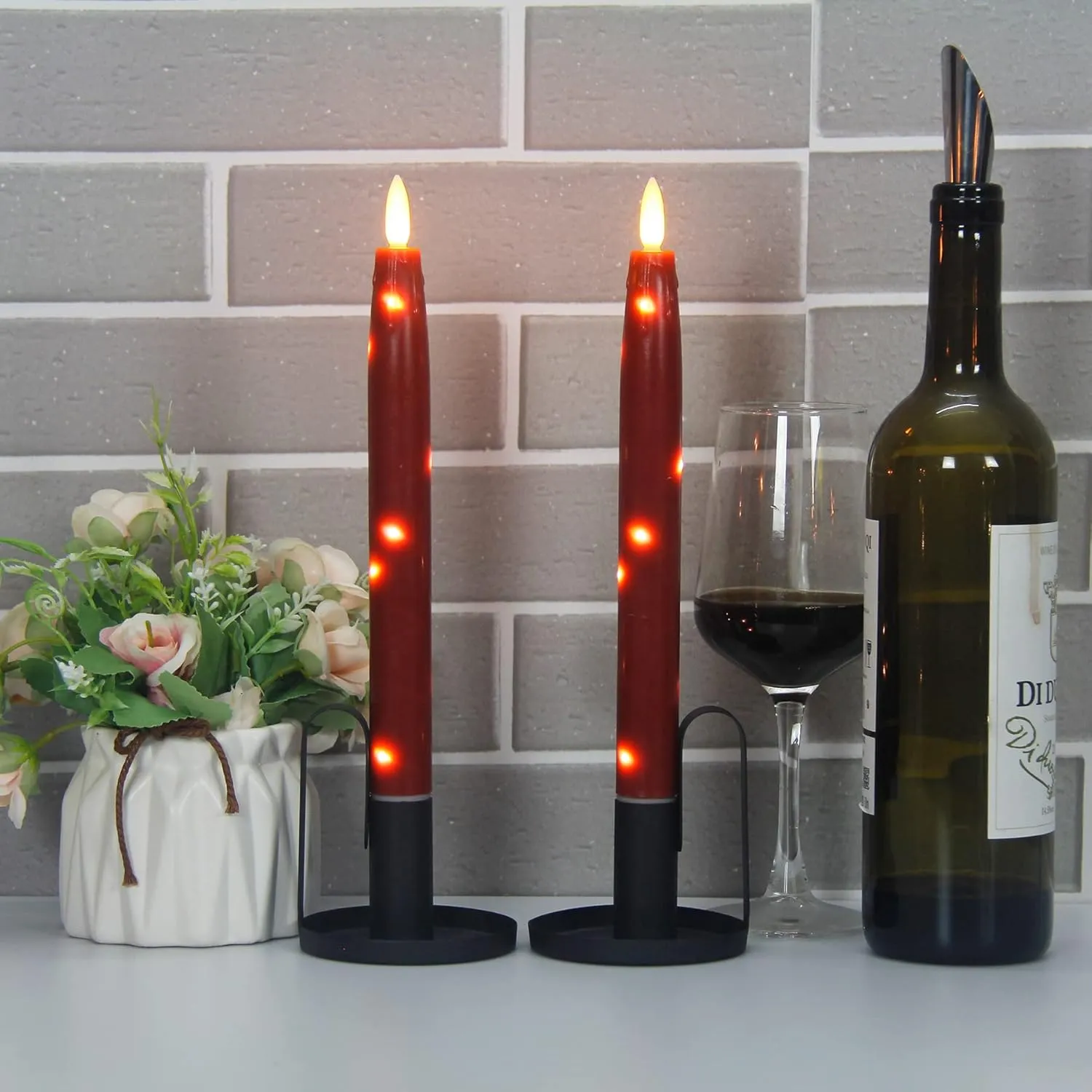 Flameless Flickering Taper Candles Battery Operated with Embedded String Lights, wtih Timer and Remote, LED Real Wax Tapered Dinner Candle Set of 2 (Red)