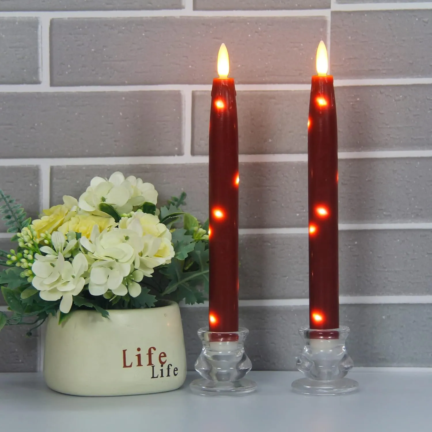 Flameless Flickering Taper Candles Battery Operated with Embedded String Lights, wtih Timer and Remote, LED Real Wax Tapered Dinner Candle Set of 2 (Red)