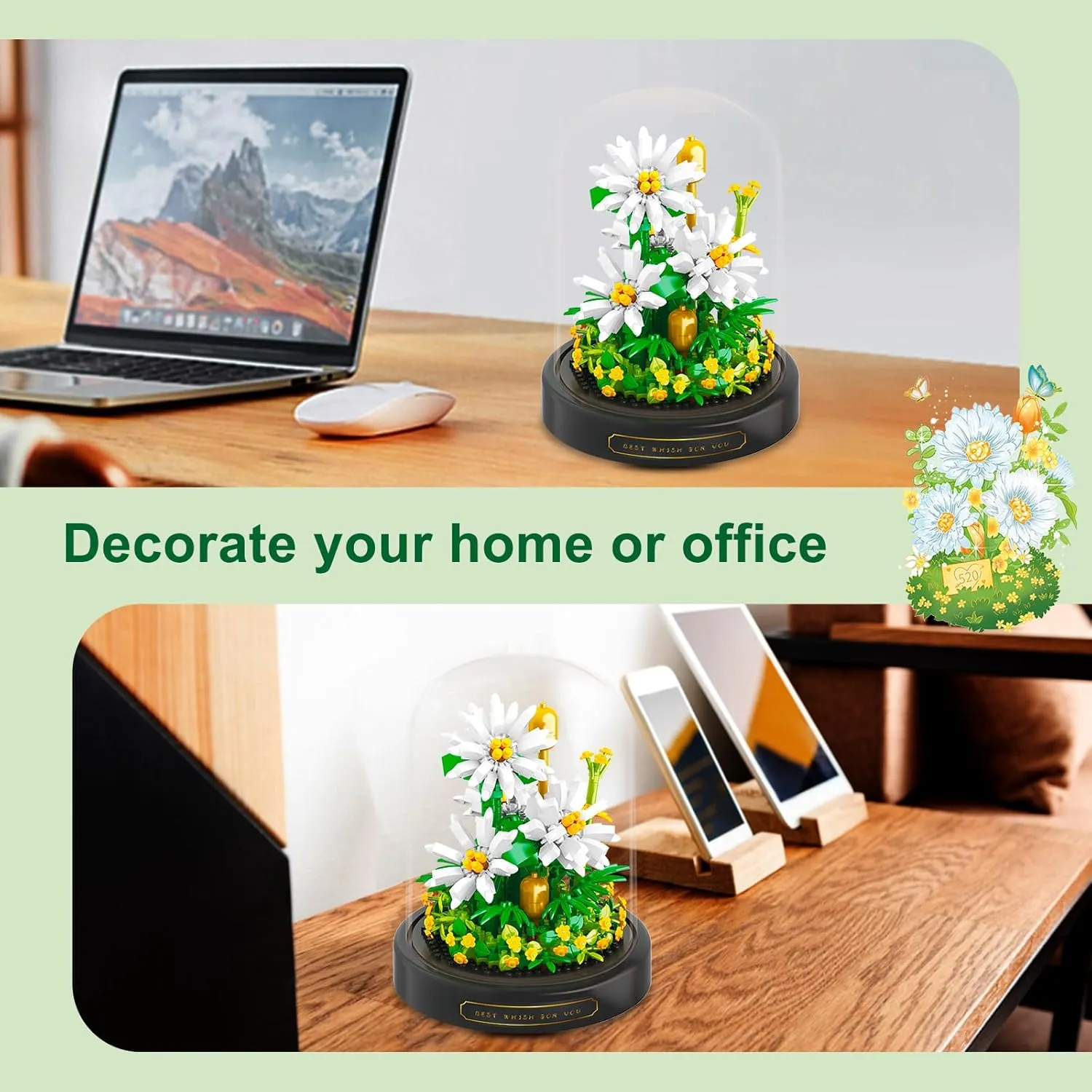 Flower Bouquets Building Toys - 490 PCS Little Daisy Micro Building Blocks Kit with Dust Cover, Preserved Flower Home Decor Christmas New Year Birthday Great Gift for Mom/Lover/Women