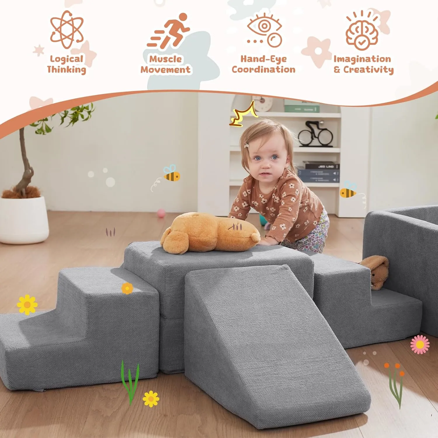 Foam Climbing Toys for Toddlers with Large Ball Pit, Foam Climbing Blocks, Soft Play Climb and Crawl Activity Playset, Toddler Play Crawling Climbing Sliding Indoor(Excluding Balls)
