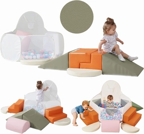 Foam Climbing Blocks with Foldabe Large Ball Pit, PU Leather Climbing Toys, 8-Piece Climb and Crawl Activity Play Set, Crawling Sliding Playing Toys for Toddler Without Balls, Easy to Clean