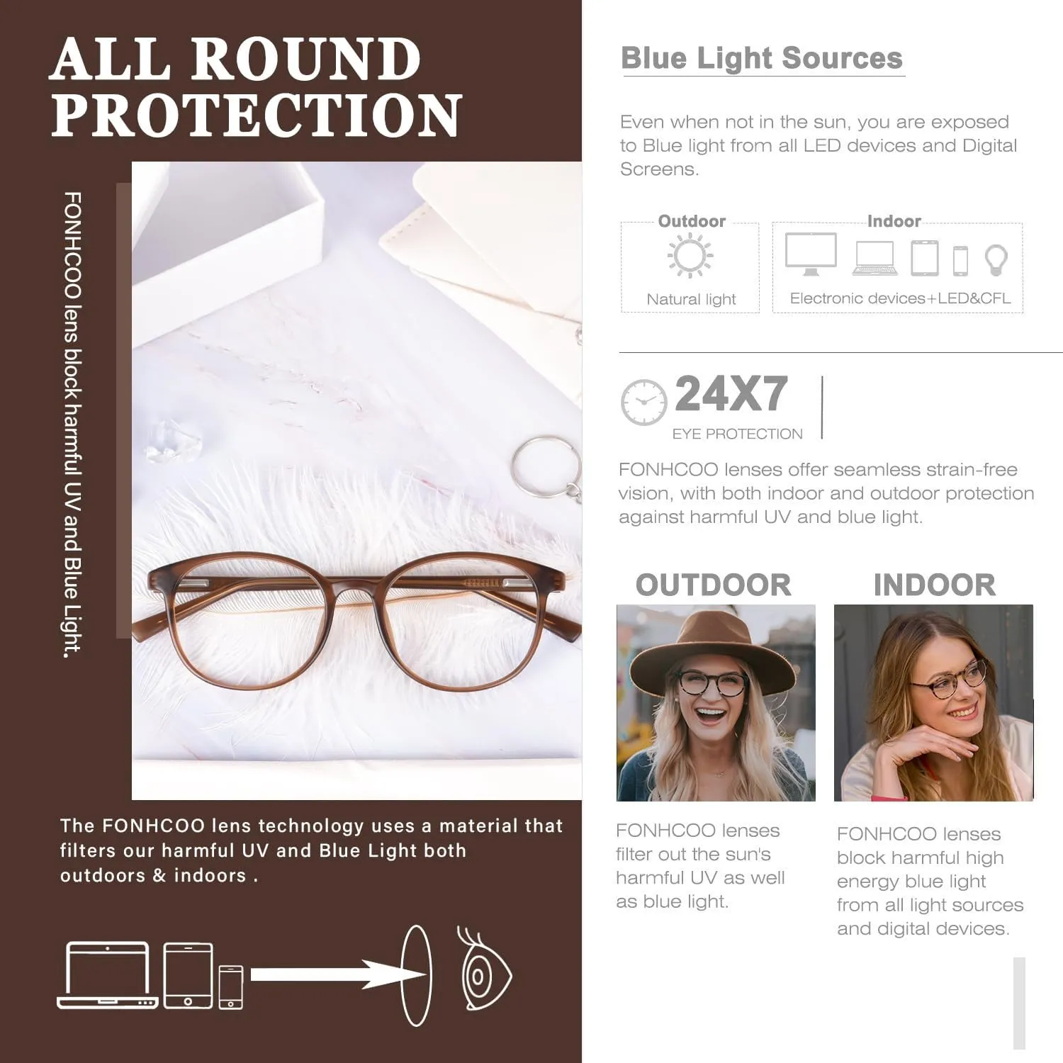 FONHCOO Blue Light Blocking Glasses Women Men Computer Eyeglasses,TR90 Fashion Round Transparent Anti Blue Light Glasses with Anti Eyestrain & UV Glare for Gaming & Reading (Matt Coffee)