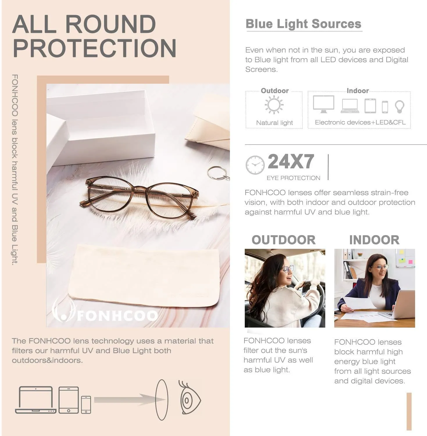 FONHCOO Blue Light Blocking Glasses Women Men TR90 Round Computer Eyeglasses (Coffee)