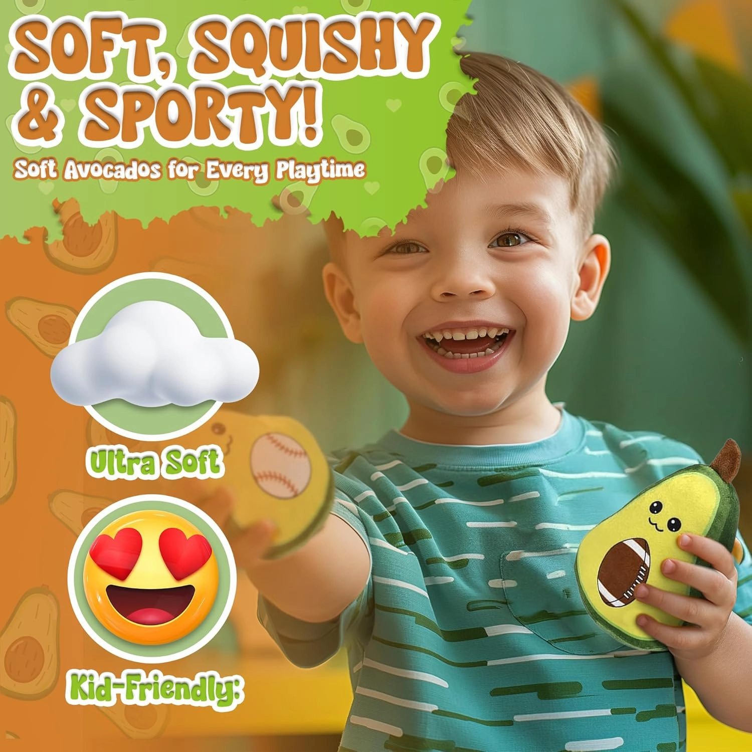 Forest & Twelfth 7'' Sports Avocado Plush Set, Soft Cuddly Kawaii Mini Plushies, Avocado Stuffed Toys for Kids, Squishy Food Shaped Baby Stuffed Avocado Toys, Sports Themed Party Favors (Set of 4)