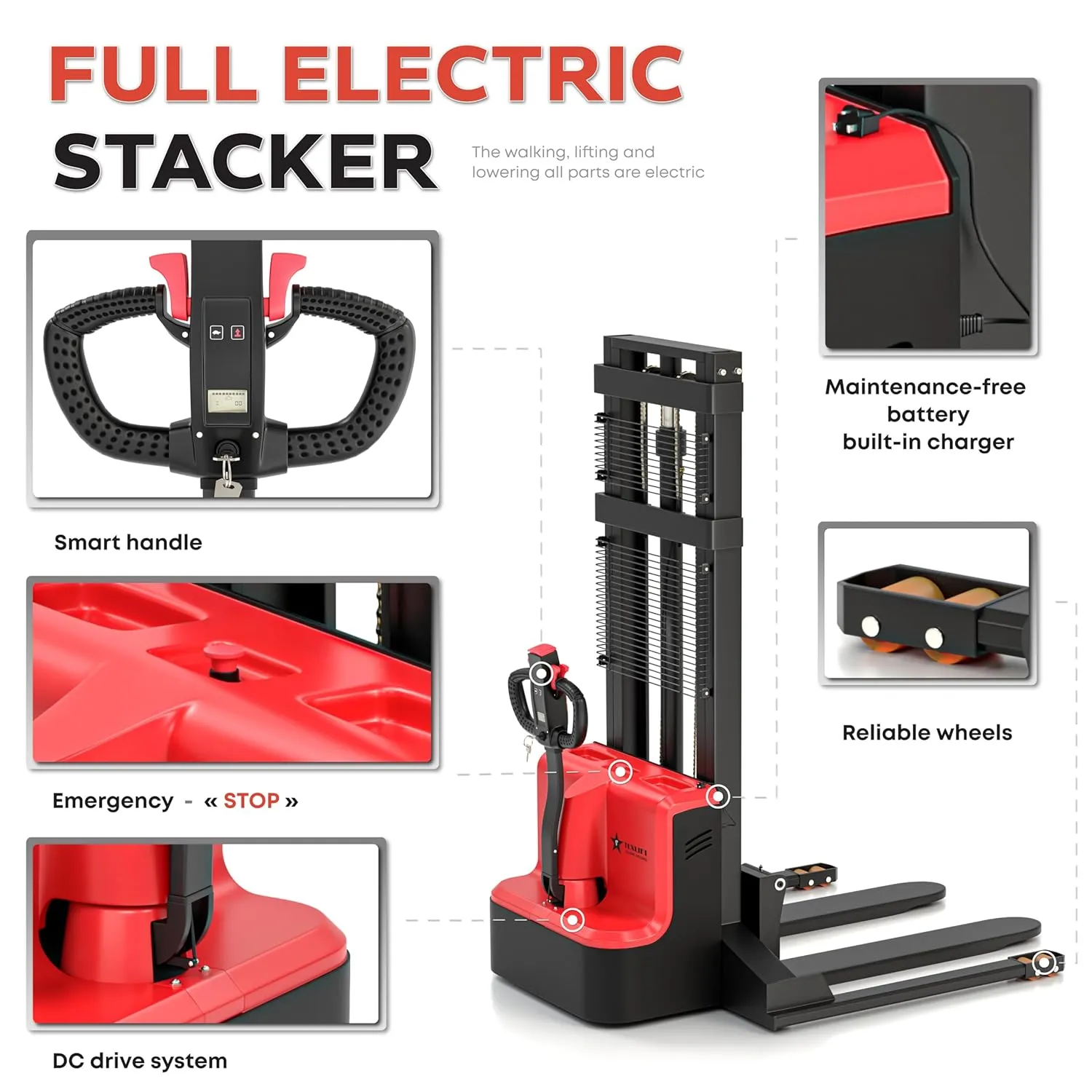 Full Electric Forklift Walkie Pallet Stacker with Fixed Straddle Legs and Adjustable Forks 5.50 Inch to 27 Inch – Material Lifter 3300lbs Capacity 118 Inch Lifting Heights