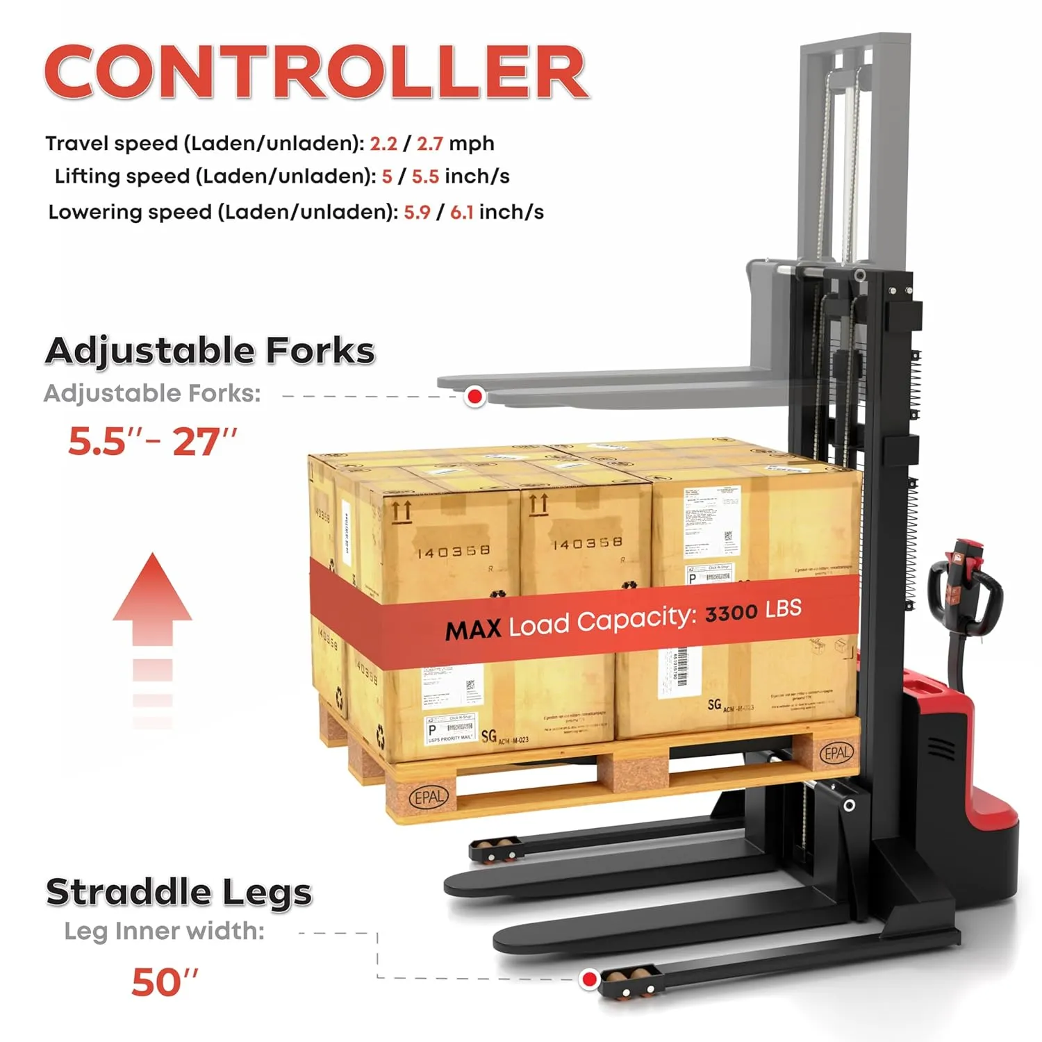 Full Electric Forklift Walkie Pallet Stacker with Fixed Straddle Legs and Adjustable Forks 5.50 Inch to 27 Inch – Material Lifter 3300lbs Capacity 118 Inch Lifting Heights