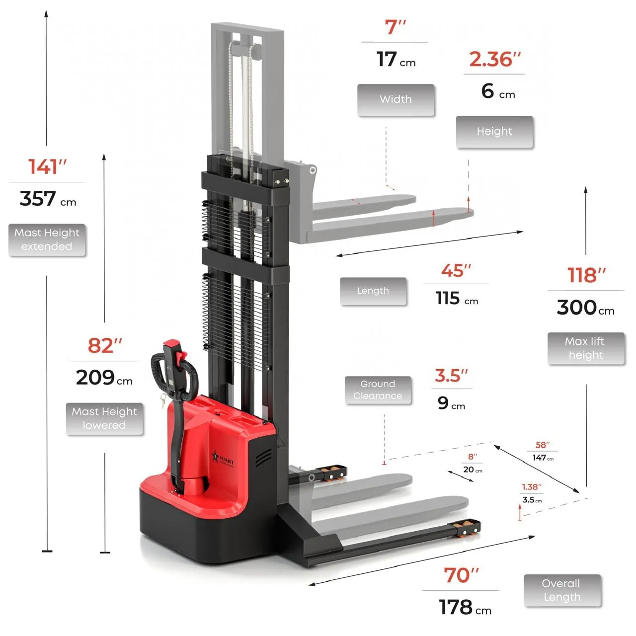 Full Electric Forklift Walkie Pallet Stacker with Fixed Straddle Legs and Adjustable Forks 5.50 Inch to 27 Inch – Material Lifter 3300lbs Capacity 118 Inch Lifting Heights