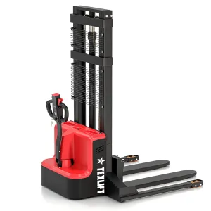 Full Electric Forklift Walkie Pallet Stacker with Fixed Straddle Legs and Adjustable Forks 5.50 Inch to 27 Inch – Material Lifter 3300lbs Capacity 118 Inch Lifting Heights