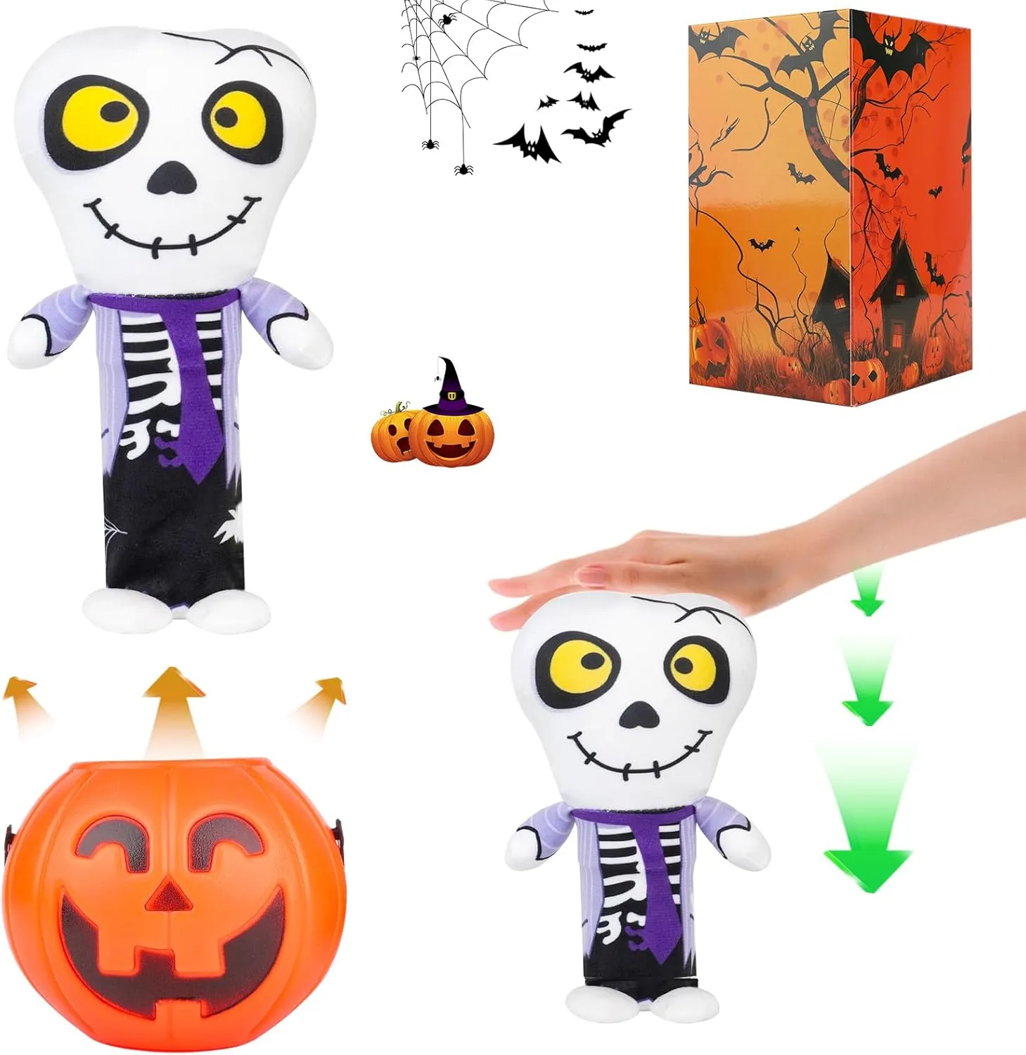 Funny Spring Halloween Skeleton Skull Plush Gift Toys, Interactive Bouncing Toys for Halloween Party Candy Boxes, for Kids, Toddlers, Teens, Adults
