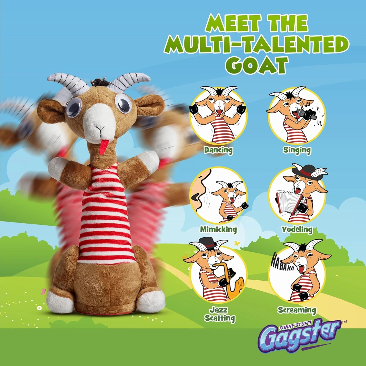 Gagster Screaming Goat Dancing Toy – Mimicking Toy for Kids – Repeats What You Say, Singing & Talking – Electronic Yodeling – Funny White Elephant Gag Gift for Anyone Who Loves Talking