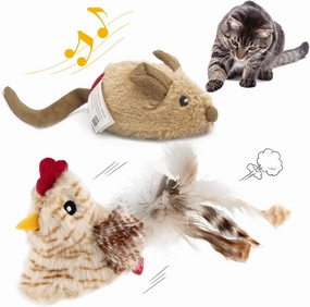 Gigwi Interactive Cat Toys Pack, Automatic Moving Mouse Electronic Cat Toys for Indoor Cats, Mouse Hunt Cat Toy for Kitten, 2 Pack (Brown Mouse & Chicken)