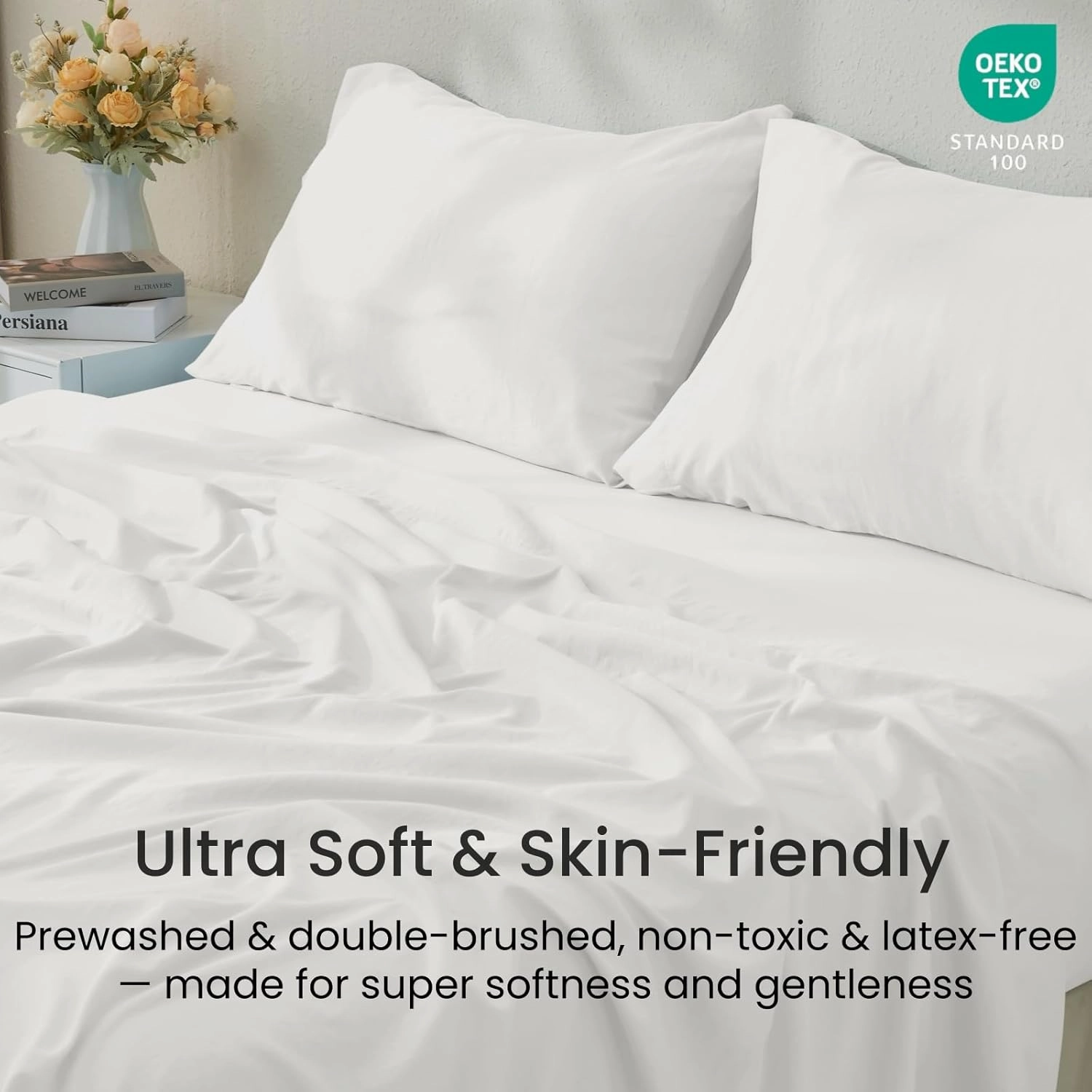 GOKOTTA 5-Pcs Split King Sheets Set for Adjustable Bed with Elastic Corner Straps, 16" Deep Pocket Sleep Number Sheets -Washed & Brushed Microfiber Polyester- Soft, Breathable, Wrinkle-Free - White