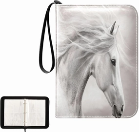 Gray White Horse Painting Card Binder 4 Pocket, Trading Card Holder Fits 400 Game Cards with 50 Removable Sleeves, MTG Card Case Standard Size