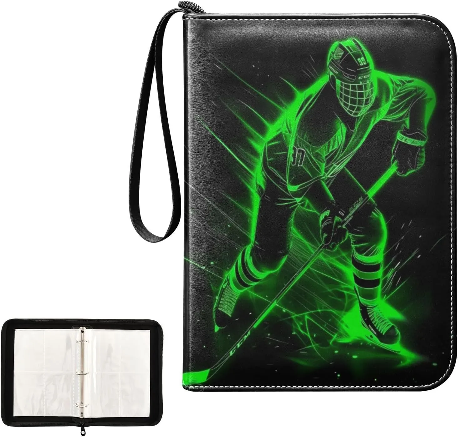 Green Hockey Player Painting Card Binder 4 Pocket, Trading Card Holder Fits 400 Game Cards with 50 Removable Sleeves, MTG Card Case Standard Size