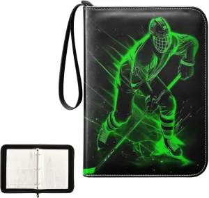 Green Hockey Player Painting Card Binder 4 Pocket, Trading Card Holder Fits 400 Game Cards with 50 Removable Sleeves, MTG Card Case Standard Size