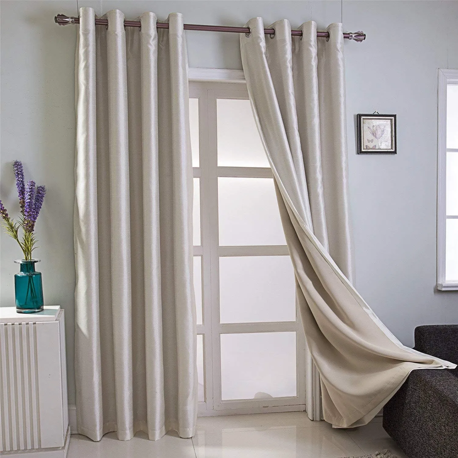 GYROHOME Faux Silk Blackout Curtains, Fully Lined Solid Color Window Treatment Drapes for Bedroom and Living Room Thermal Insulated Grommet Top Room Darkening Drapes, (Beige, 52x84, 2 Panels)