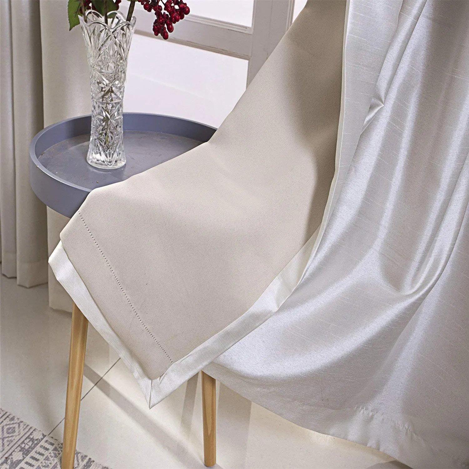 GYROHOME Faux Silk Blackout Curtains, Fully Lined Solid Color Window Treatment Drapes for Bedroom and Living Room Thermal Insulated Grommet Top Room Darkening Drapes, (Beige, 52x84, 2 Panels)