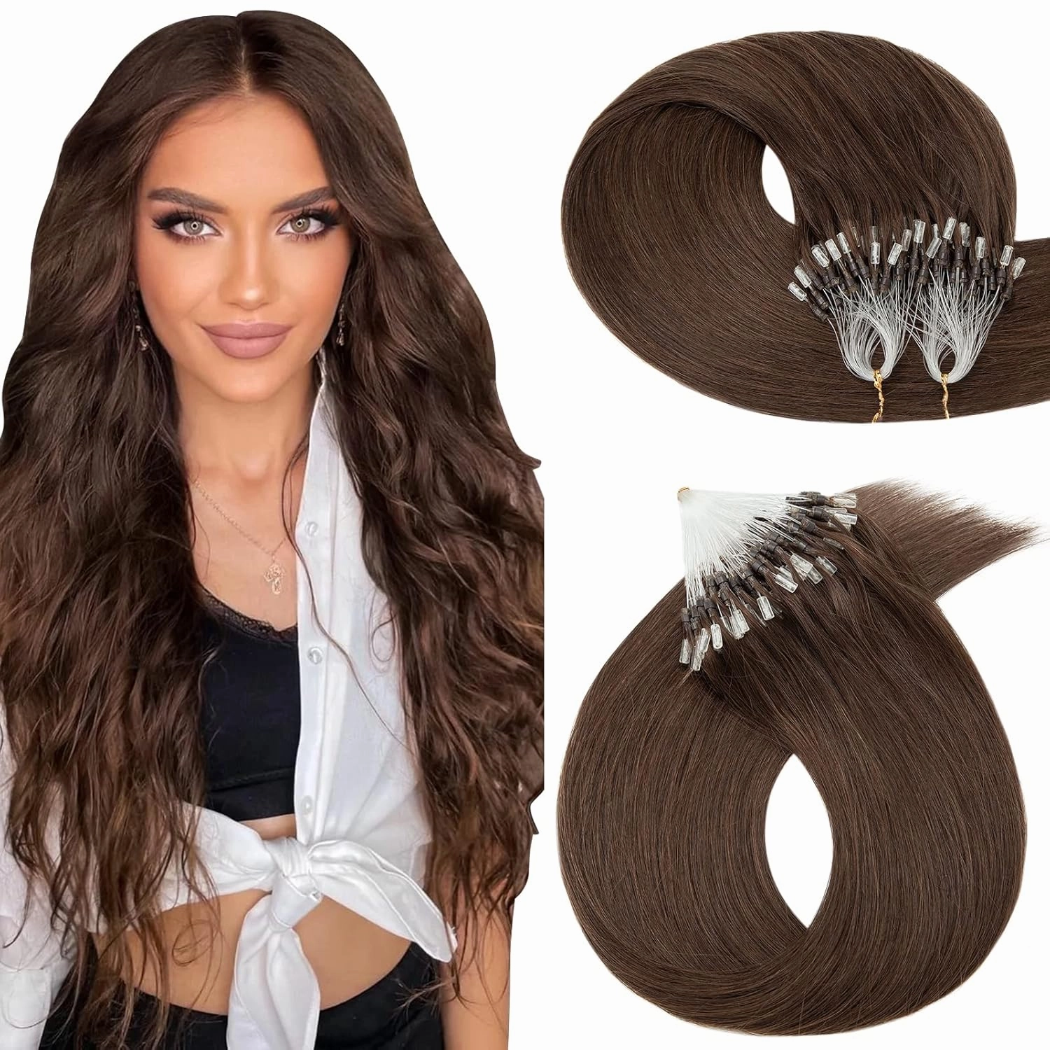Hairro Microlink Human Hair Extensions For Women Micro Loop Micro Beads Real Hair Pre Bonded Cold Fusion Micro Ring Hairpieces 14 inch 50g 100 Strands #04 Medium Brown
