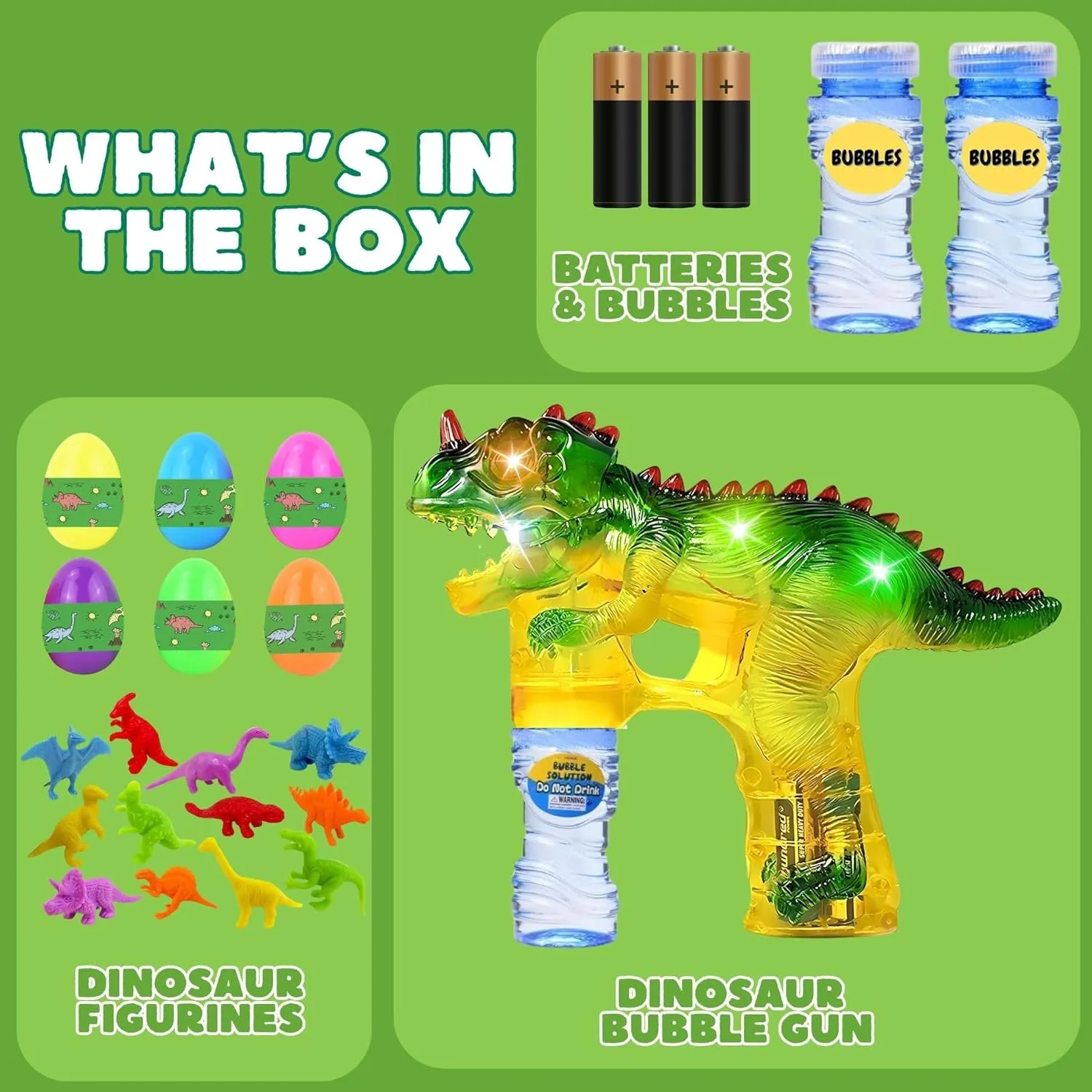 Haktoys Dinosaur Bubble Gun with 12 Mini Dino Toys – Automatic Bubble Blower for Kids with 6 Dino Eggs (2 Dinosaurs per Egg) | Fun Outdoor Bubble Toy Set for Toddlers, Boys & Girls