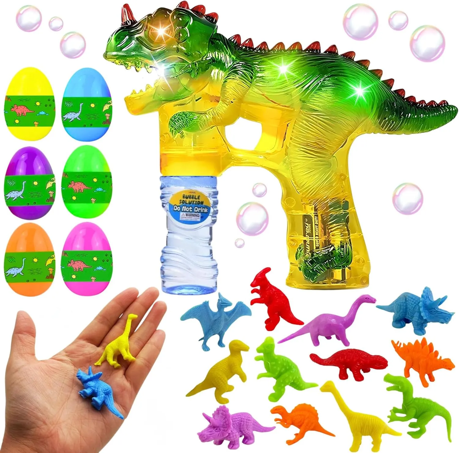 Haktoys Dinosaur Bubble Gun with 12 Mini Dino Toys – Automatic Bubble Blower for Kids with 6 Dino Eggs (2 Dinosaurs per Egg) | Fun Outdoor Bubble Toy Set for Toddlers, Boys & Girls