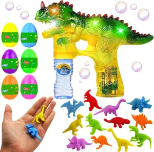 Haktoys Dinosaur Bubble Gun with 12 Mini Dino Toys – Automatic Bubble Blower for Kids with 6 Dino Eggs (2 Dinosaurs per Egg) | Fun Outdoor Bubble Toy Set for Toddlers, Boys & Girls