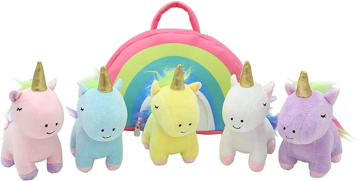 Handcrafted Plush Rainbow Unicorn Stuffed Animal Set with Plush Rainbow - White, Blue, Yellow, Pink, Purple