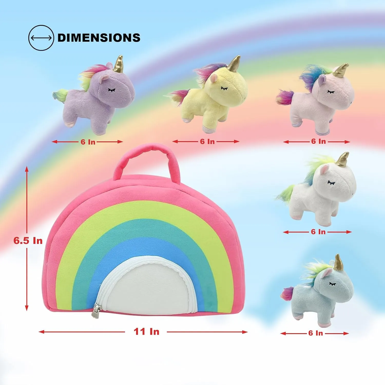 Handcrafted Plush Rainbow Unicorn Stuffed Animal Set with Plush Rainbow - White, Blue, Yellow, Pink, Purple