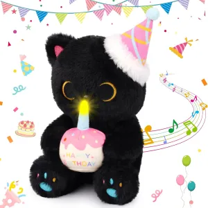 Happy Birthday Singing & Glow Plush – Electric Black Cat with Light-Up Cake, Musical Toy Birthday Gift for Kids