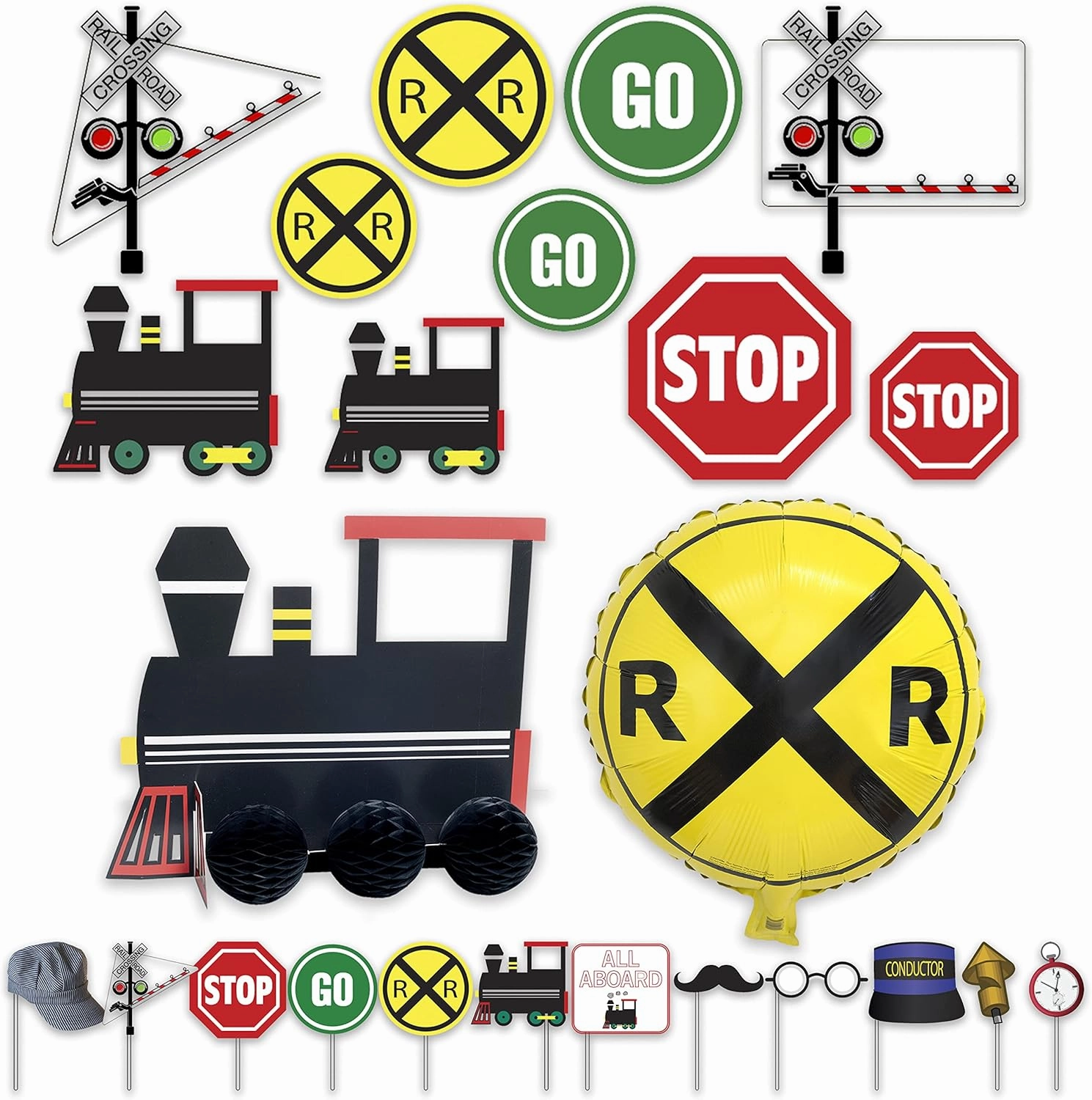 Havercamp Railroad Decorations for Party with Cardboard Train Prop Centerpieces for Tables, Photo Props, Wall Cut-Outs, Foil Balloon (by Havercamp)