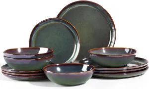 Herogo 12PCS Stoneware Dinnerware Sets, Plates and Bowls Dish Set for 4, Irregular Handmade Dinner Ware Dishware for Kitchen Dinning, Microwave & Dishwasher Safe, Lichen Green
