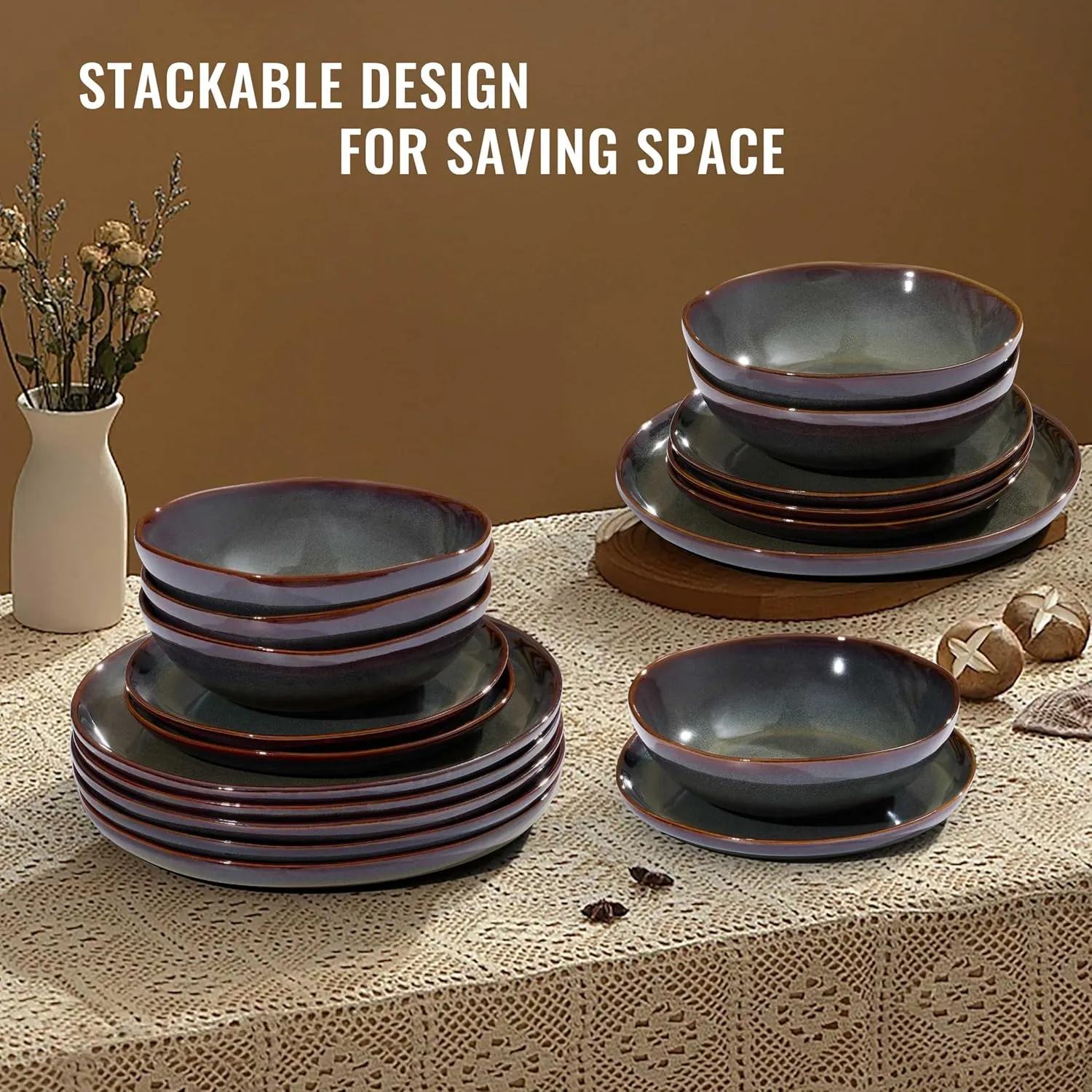 Herogo 12PCS Stoneware Dinnerware Sets, Plates and Bowls Dish Set for 4, Irregular Handmade Dinner Ware Dishware for Kitchen Dinning, Microwave & Dishwasher Safe, Lichen Green