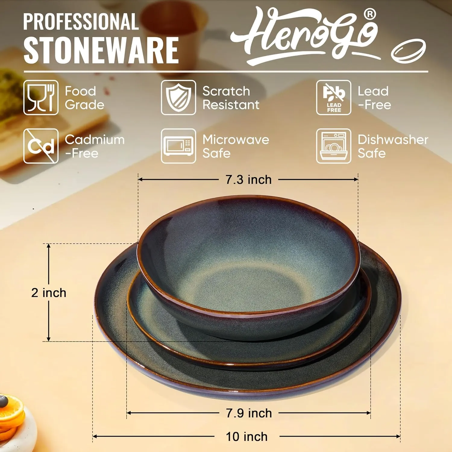 Herogo 12PCS Stoneware Dinnerware Sets, Plates and Bowls Dish Set for 4, Irregular Handmade Dinner Ware Dishware for Kitchen Dinning, Microwave & Dishwasher Safe, Lichen Green