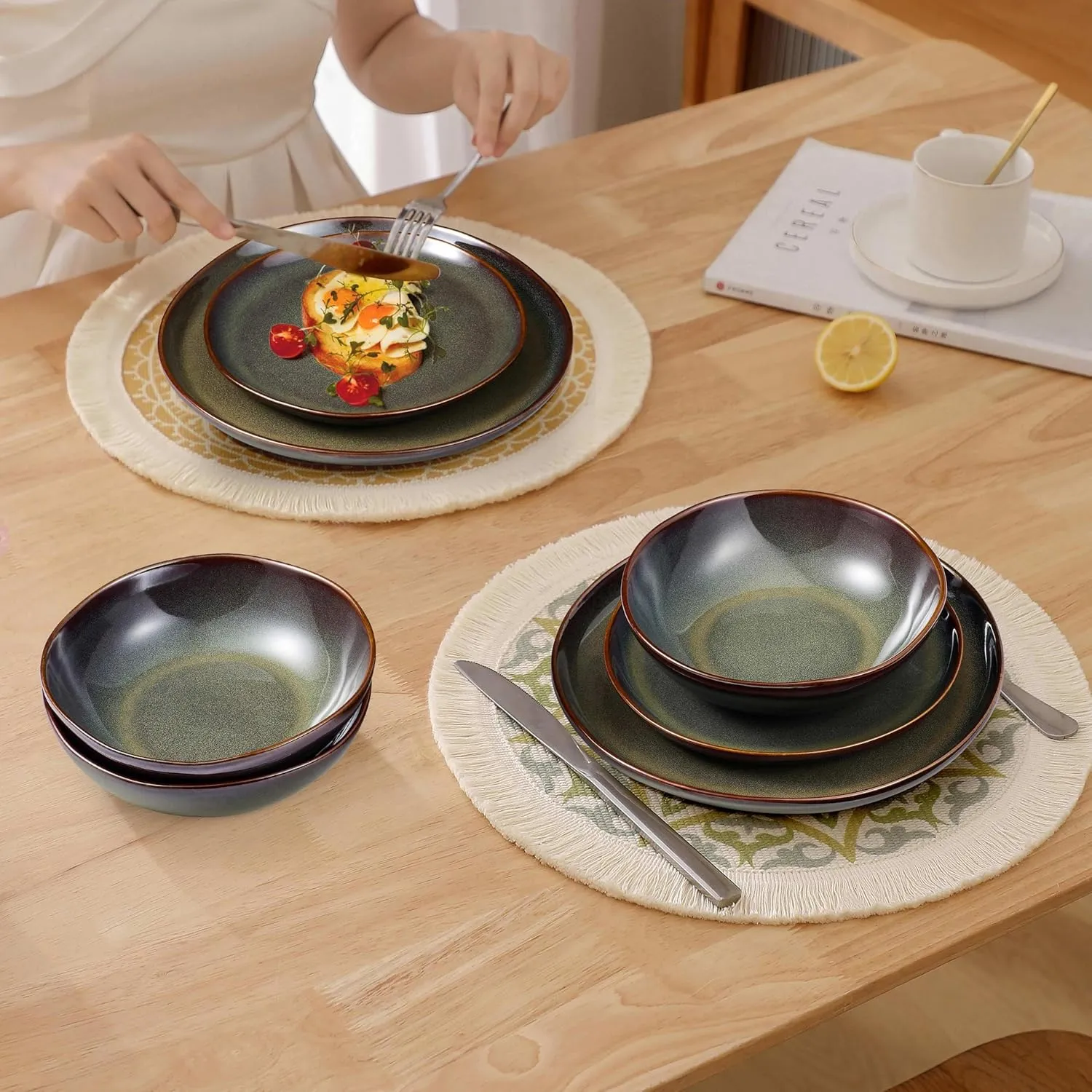 Herogo 12PCS Stoneware Dinnerware Sets, Plates and Bowls Dish Set for 4, Irregular Handmade Dinner Ware Dishware for Kitchen Dinning, Microwave & Dishwasher Safe, Lichen Green