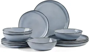 Herogo Plates and Bowls Dinnerware Sets, 12 Piece Stoneware Dinner Dishes Set for 4, Irregular Handmade Dishware Tableware, Crack and Scratch Resistant, Reactive Glaze, Smoky Blue