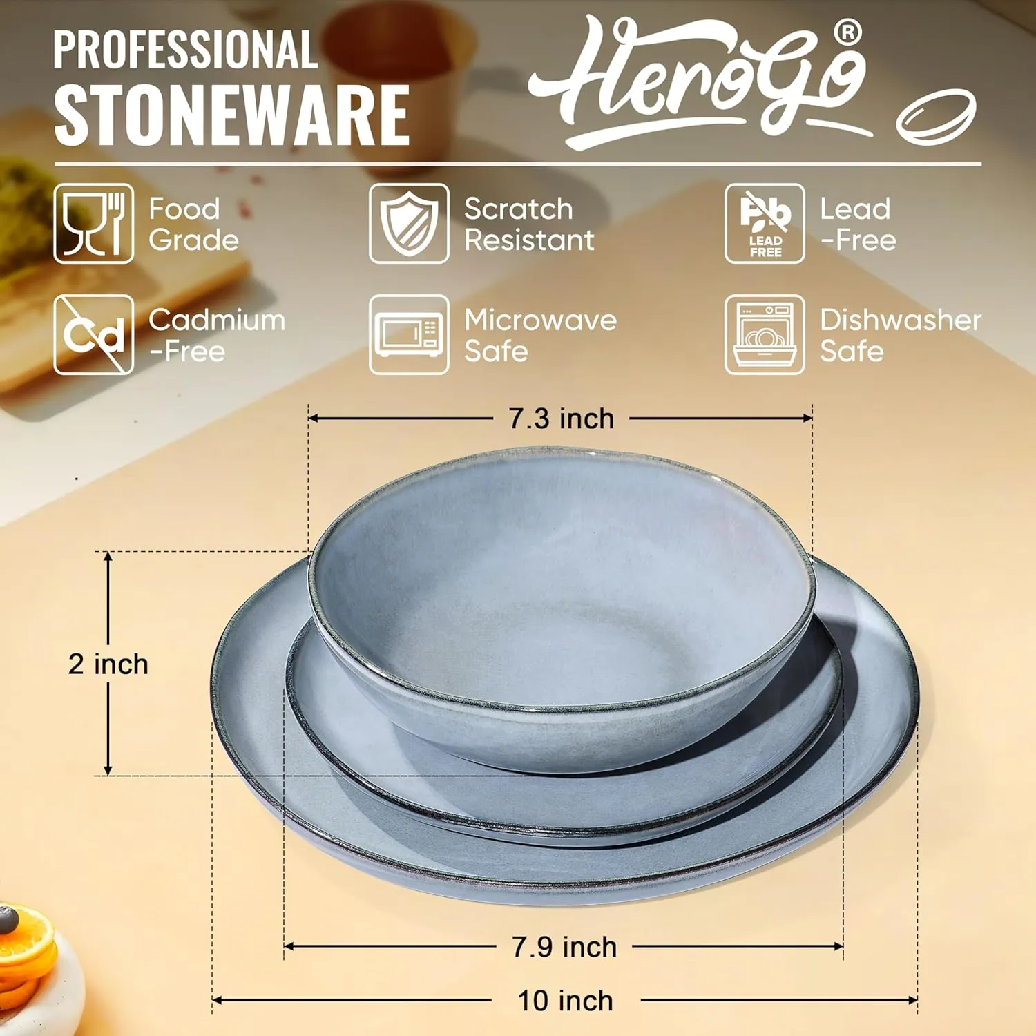 Herogo Plates and Bowls Dinnerware Sets, 12 Piece Stoneware Dinner Dishes Set for 4, Irregular Handmade Dishware Tableware, Crack and Scratch Resistant, Reactive Glaze, Smoky Blue