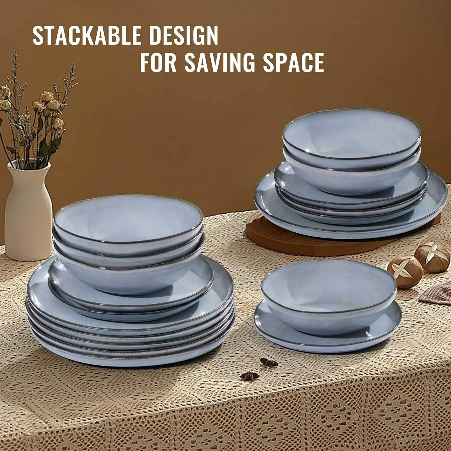 Herogo Plates and Bowls Dinnerware Sets, 12 Piece Stoneware Dinner Dishes Set for 4, Irregular Handmade Dishware Tableware, Crack and Scratch Resistant, Reactive Glaze, Smoky Blue