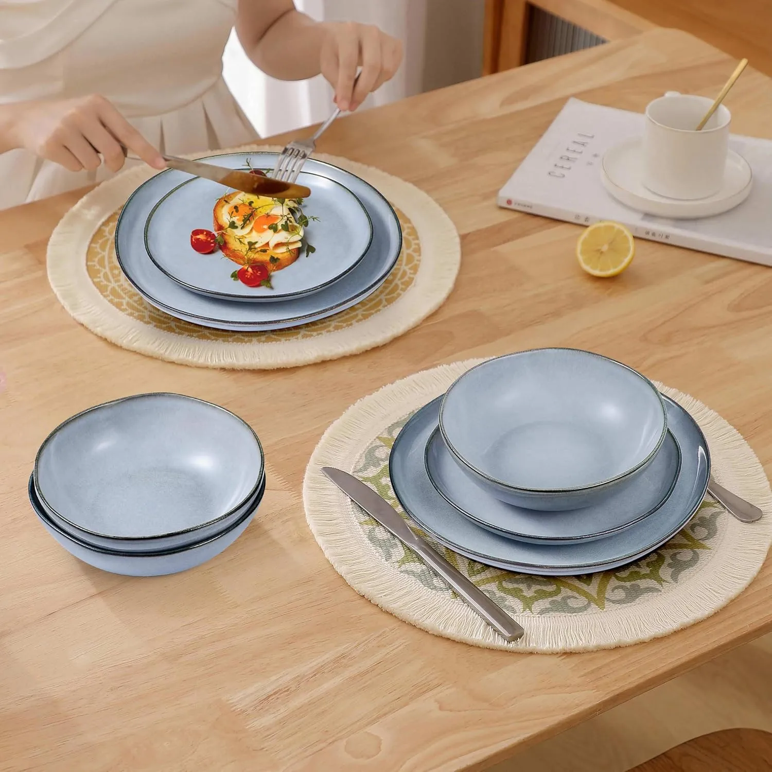 Herogo Plates and Bowls Dinnerware Sets, 12 Piece Stoneware Dinner Dishes Set for 4, Irregular Handmade Dishware Tableware, Crack and Scratch Resistant, Reactive Glaze, Smoky Blue