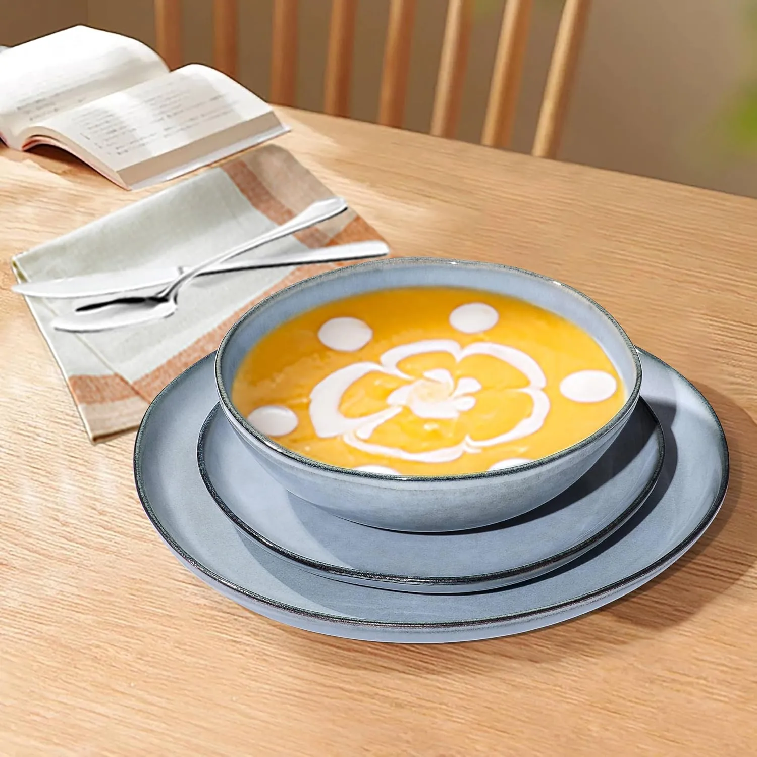 Herogo Plates and Bowls Dinnerware Sets, 12 Piece Stoneware Dinner Dishes Set for 4, Irregular Handmade Dishware Tableware, Crack and Scratch Resistant, Reactive Glaze, Smoky Blue