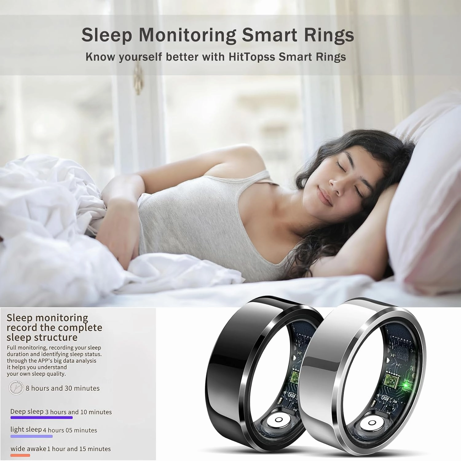 HitTopss Smart Ring, Fitness Sleep Health Tracker Rings for Men Women, No APP Subscription, Sleep Tracking, Heart Rate, Blood Oxygen, IP68 Waterproof (Silver, 9#)
