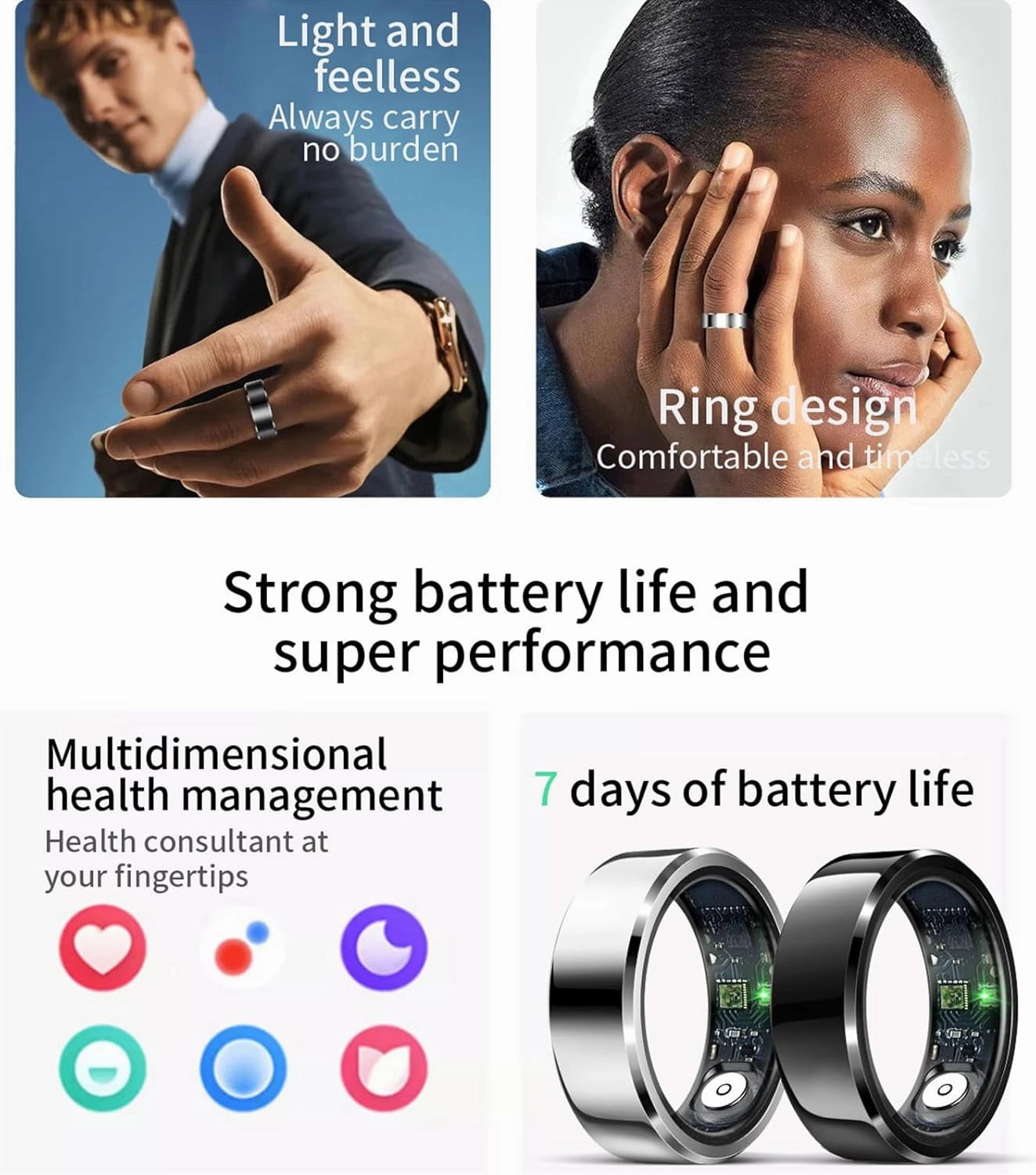 HitTopss Smart Ring, Fitness Sleep Health Tracker Rings for Men Women, No APP Subscription, Sleep Tracking, Heart Rate, Blood Oxygen, IP68 Waterproof (Silver, 9#)