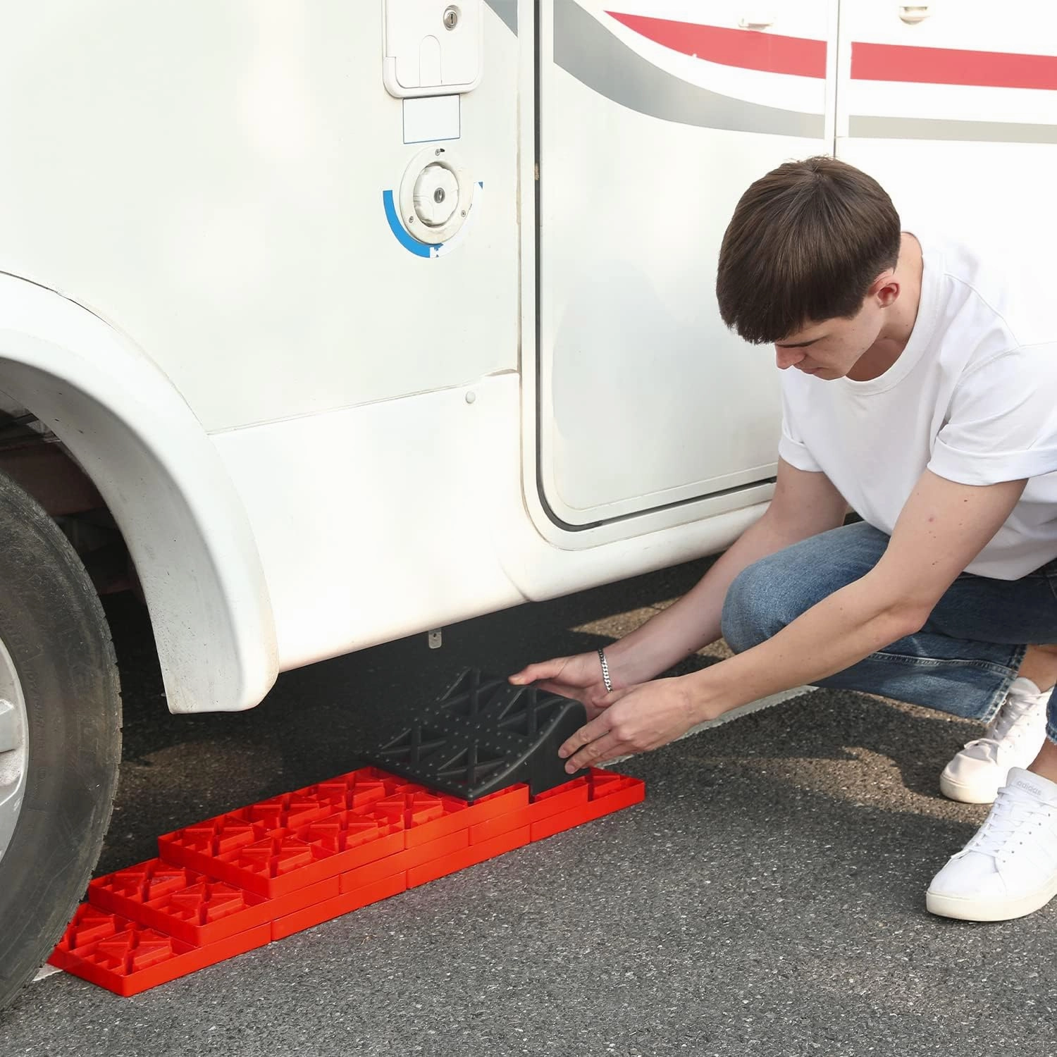 Homeon Wheels RV Leveling Blocks, One Top Tire Wheel Chock and 9 Pack Interlocking Leveling Blocks with Carrying Bag, Heavy Duty Camper Leveling Blocks and Chocks Anti-Slip Pads Design (WH-301)