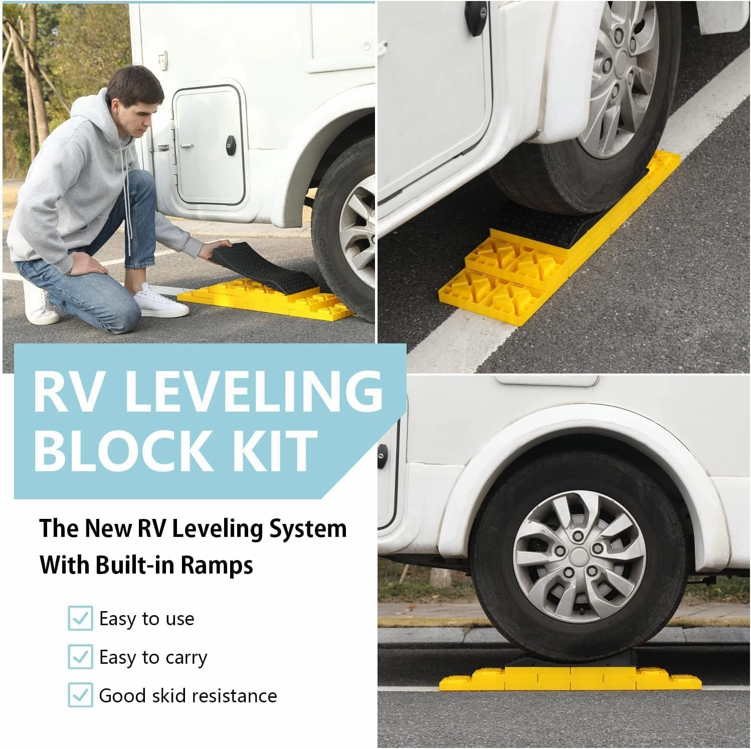 Homeon Wheels RV Leveling Blocks, One Top Tire Wheel Chock and 9 Pack Interlocking Leveling Blocks with Carrying Bag, Heavy Duty Camper Leveling Blocks and Chocks Anti-Slip Pads Design (Yellow Black)