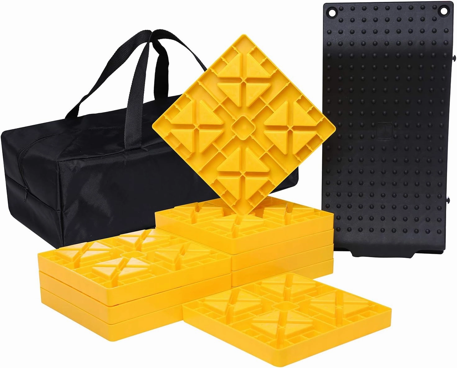 Homeon Wheels RV Leveling Blocks, One Top Tire Wheel Chock and 9 Pack Interlocking Leveling Blocks with Carrying Bag, Heavy Duty Camper Leveling Blocks and Chocks Anti-Slip Pads Design (Yellow Black)