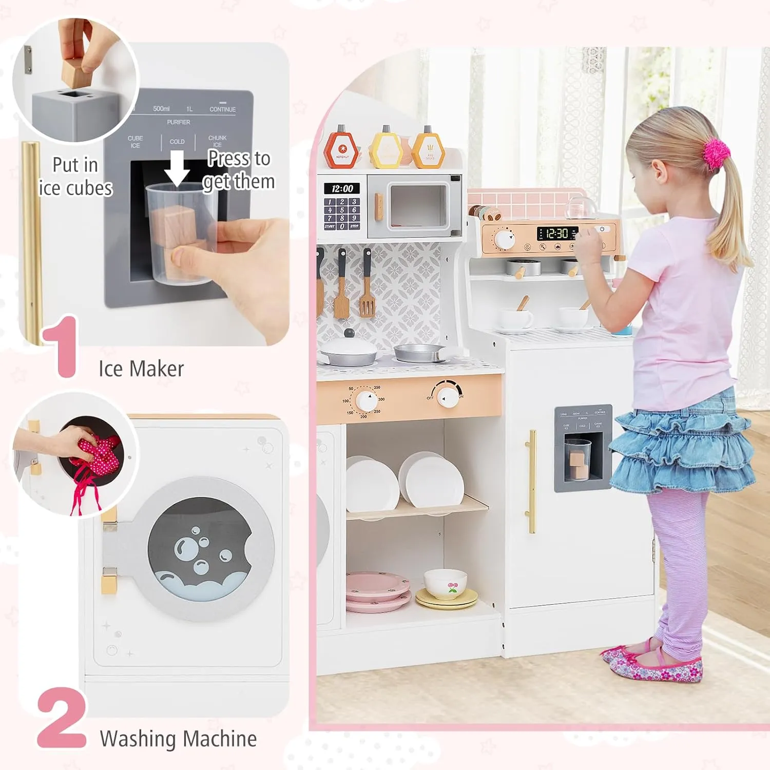 HONEY JOY Kids Kitchen Playset, Wooden Toy Kitchen Set w/Lights, Coffee Maker, Microwave, Sink, Ice Maker, Washing Machine, Little Chef Pretend Play Kitchen for Toddlers Boys Girls (White)
