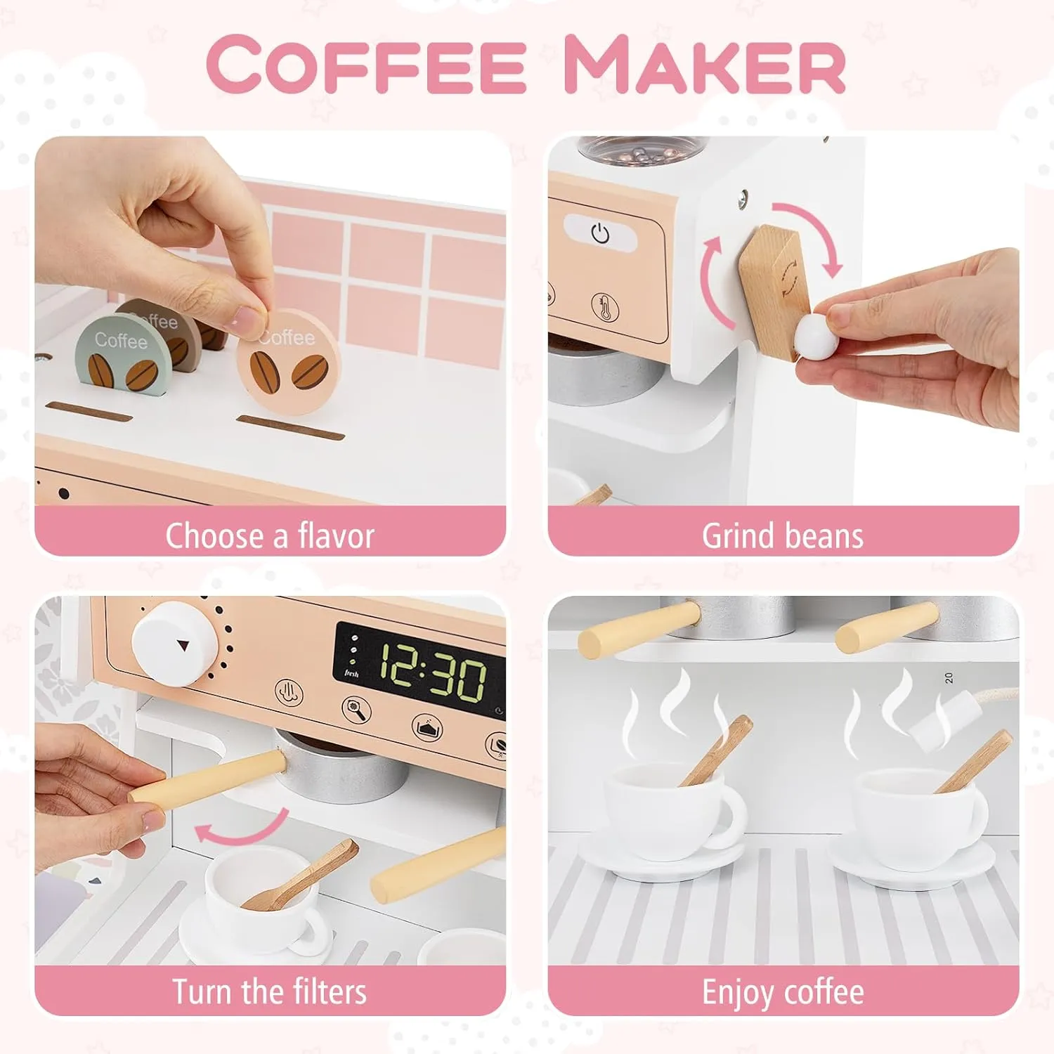 HONEY JOY Kids Kitchen Playset, Wooden Toy Kitchen Set w/Lights, Coffee Maker, Microwave, Sink, Ice Maker, Washing Machine, Little Chef Pretend Play Kitchen for Toddlers Boys Girls (White)
